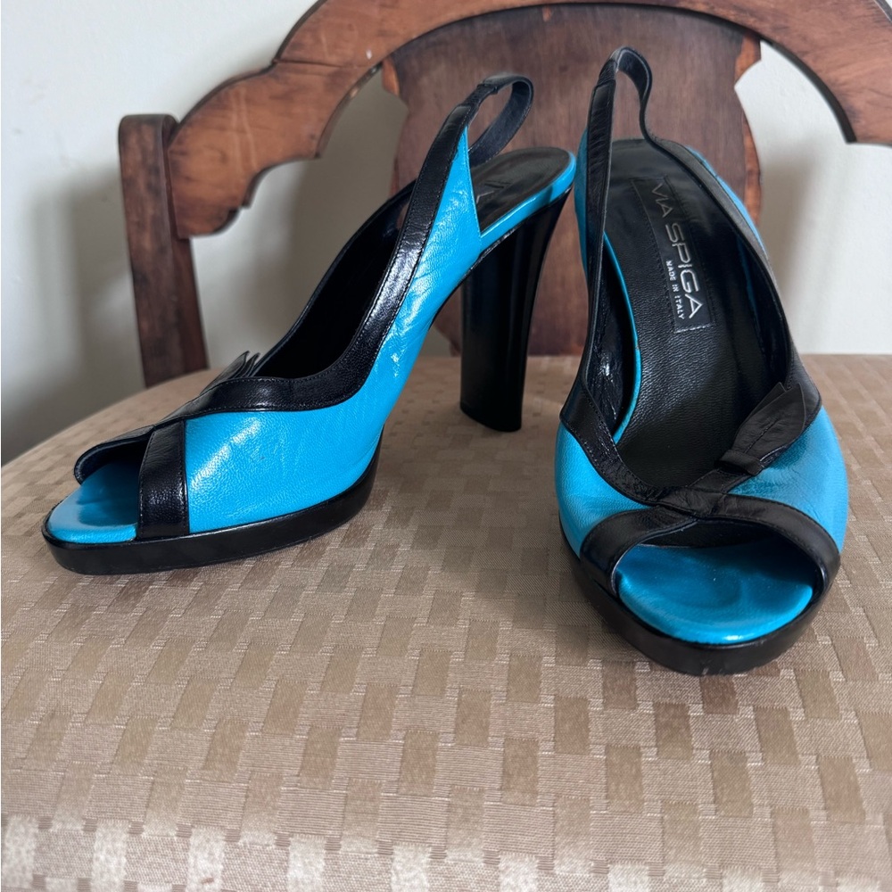 VTG Y2K Via Spiga Turquoise Leather Platform Sling back Heels Italy Party Fun